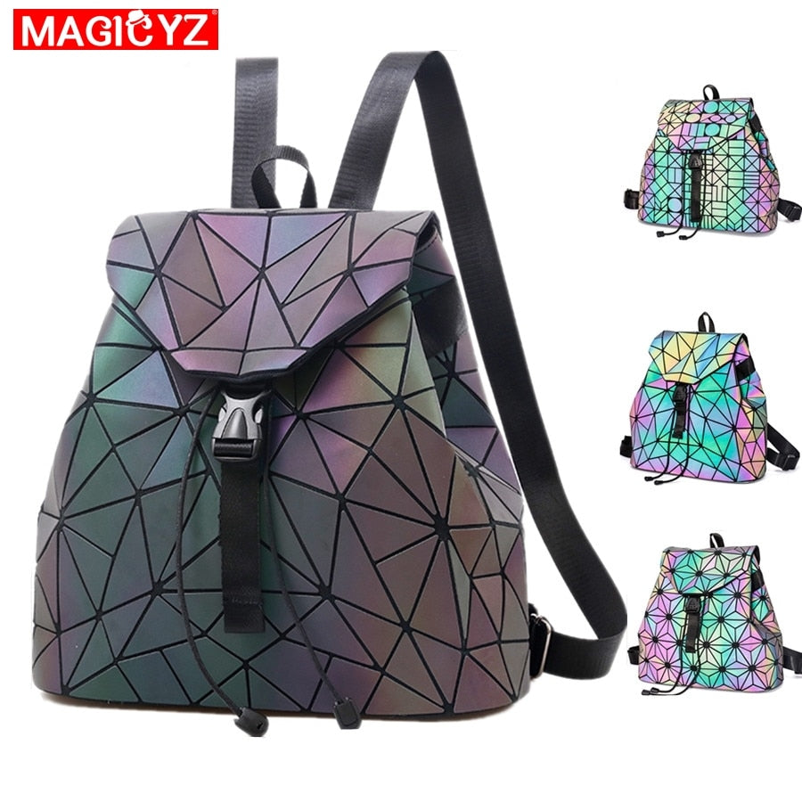 MAGICYZ Women Laser Luminous Backpack Geometric Shoulder Bag Folding Student School Bags For Teenage Girl holographic sac a dos