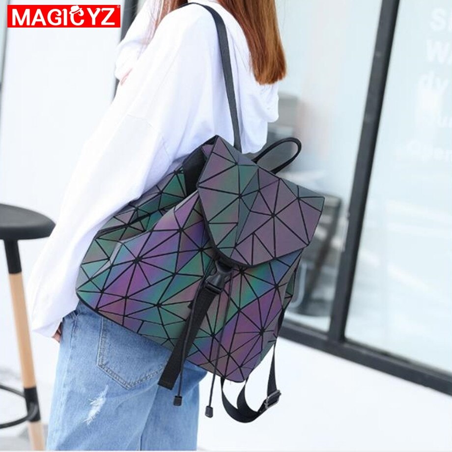 MAGICYZ Women Laser Luminous Backpack Geometric Shoulder Bag Folding Student School Bags For Teenage Girl holographic sac a dos