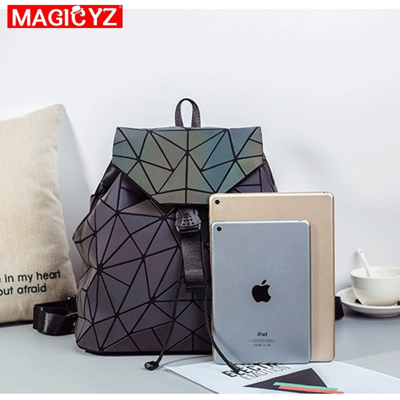 MAGICYZ Women Laser Luminous Backpack Geometric Shoulder Bag Folding Student School Bags For Teenage Girl holographic sac a dos